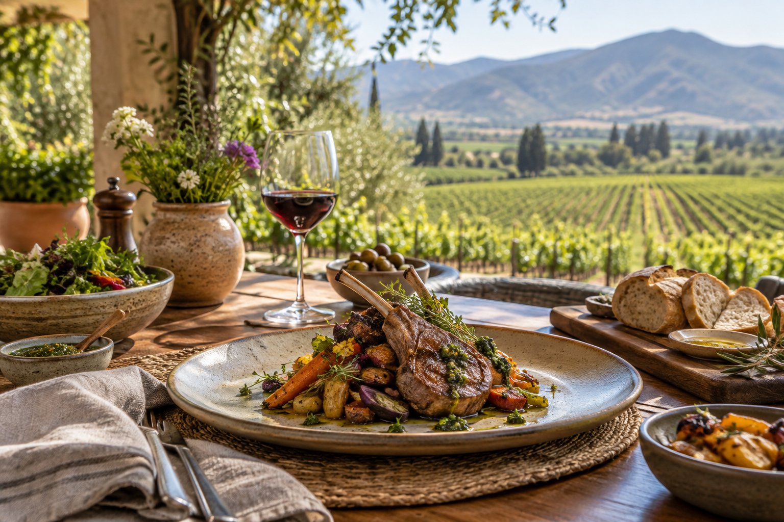 Almuerzo de cocina local con vista a viñedos