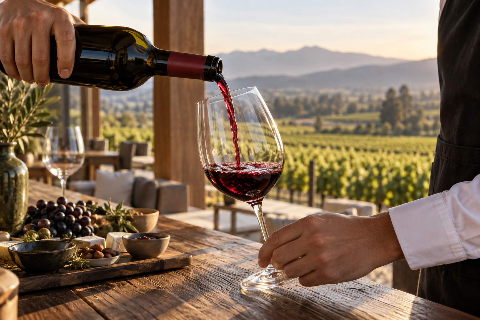 Degustación de vino frente a viñedos